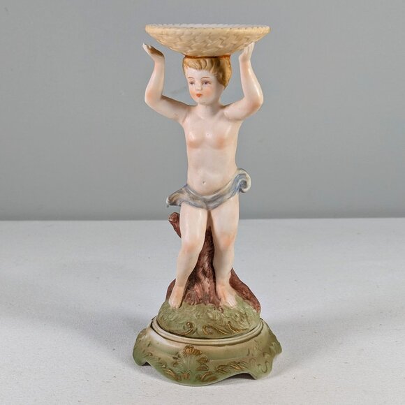 AS IS Victorian German Dresden Cupid Cherub Putti bisque porcelain candle holder - Picture 1 of 16